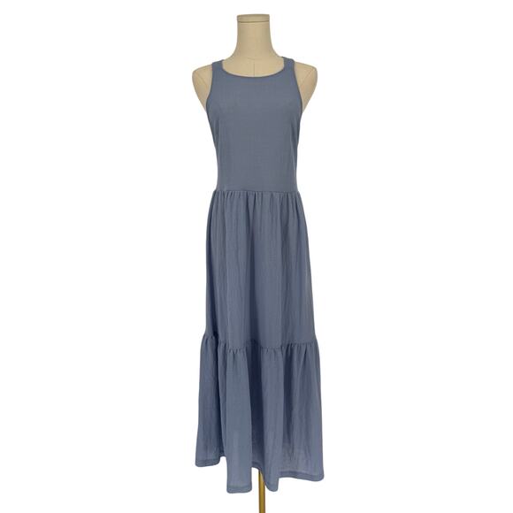 MANGO Light Blue Chambray Cross Back Tiered Midi Dress, Size 8 - Picture 1 of 6